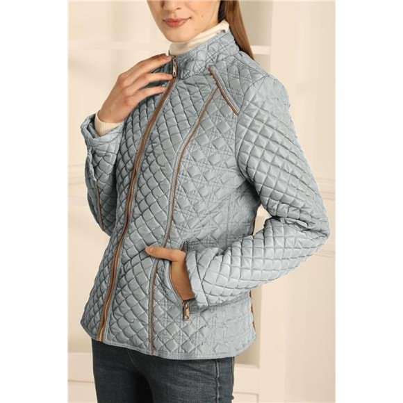 Women's Diamond Quilted Lightweight Puffer Jacket Spring and Winter Padded Coat - Picture 3 of 7